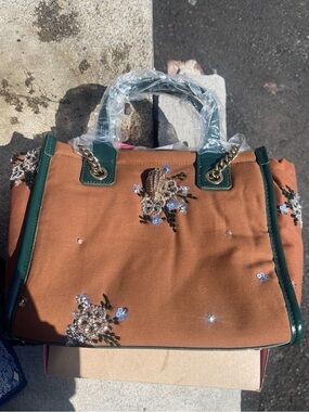 Embellished Floral Tote Bag in Rust with Green Trim